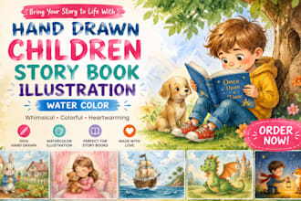 hand drawn children story book illustration watercolor, custom kids book art