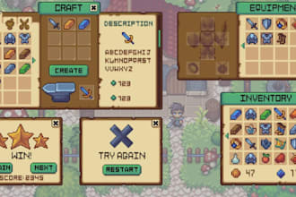 create pixel art ui, hud design, pixel art asset, icon, gui element, screen