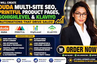 create duda muitimise seo printful product page gohighlevel klaviyo automations