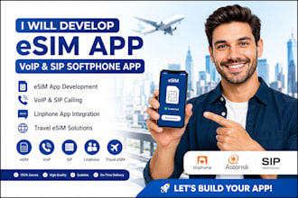 develop esim app, linphone app, voip softphone app with sip calling, travel esim