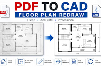 architectural floor plan drafting, PDF to cad, house plan redraw, cad design