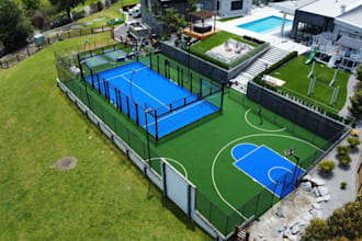 create realistic 3d renderings  pickleball, padel, tennis and basketball courts