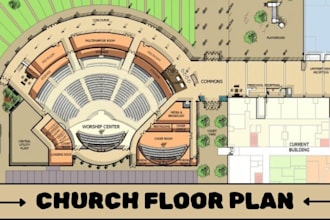 do church floor plan design, interior and exterior layouts plan