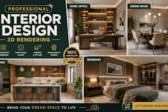 do interior design, 3d rendering for home office, dinning room, kitchen, bedroom