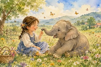 edge tracing whimsical watercolor for story book and picture book illustration