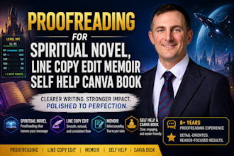 do proofreading for spiritual novel, line copy edit memoir self help canva book