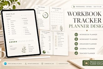 design workbook planner, worksheet planner, digital journal and tracker planner