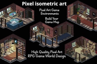 do pixel art isometric, character, scenarios, game map, background, game