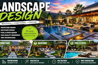 do landscape design, exterior rendering for backyard, frontyard, pool and patio