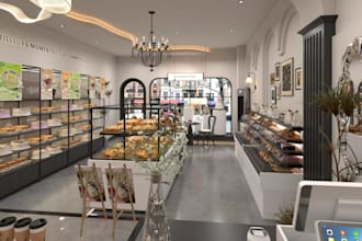cgi profitable retail store,3d cupcake,loaf shop interior render, artisan bakery