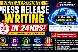 write and distribute press release for crypto, music, finance, technology, food
