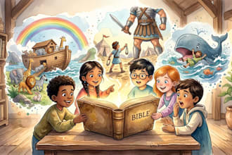 christian children story book illustration, bible themed story book