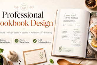 create a modern cookbook, recipe ebook design book layout design menu design