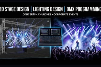 design concert stage lighting, 3d rendering and dmx programming lighting setup