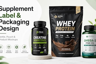 design fitness supplement label, gym protein pouch and vitamin bottle mockup