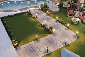 create and plan detailed landscape design, with patio, pool, backyard and garden
