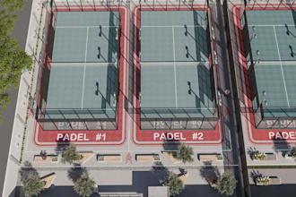 design cgi padel courts, outdoor golf club,pickleball layout, paddle tennis cage