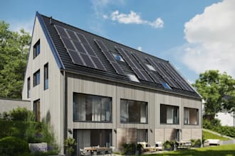 3d prefab modular building, residential space project design, cabin house render