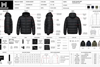 design puffer jacket pack cad flat sketch for manufacturing