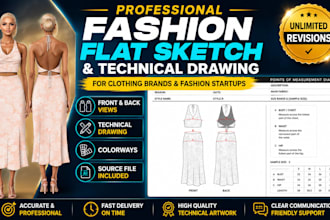 draw professional fashion flat sketches and technical drawings fashion tech pack