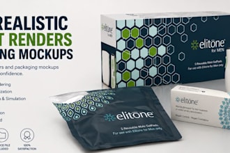 photorealistic keyshot product render packaging mockup, and foil pouch design