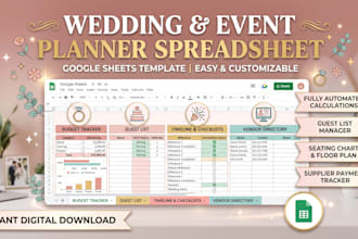 design wedding planner spreadsheet, event planner tracker,wedding google sheet