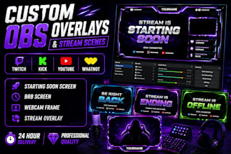 design custom obs overlays stream scenes twitch and kick graphics
