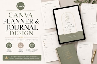 design editable canva planners, journals and digital workbook
