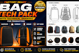 create soft goods bag tech pack with technical drawing for production backpack