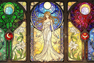 create stained glass art, fantasy, digital painting, dark art, and mosaic