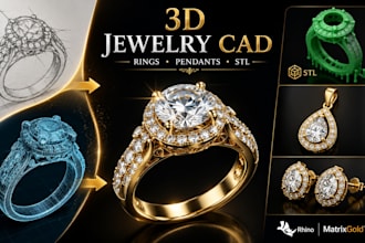 create 3d jewelry cad design, ring design, stl files and rendering