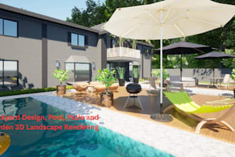 backyard design, pool, patio, garden, front yard and outdoor 3d rendering