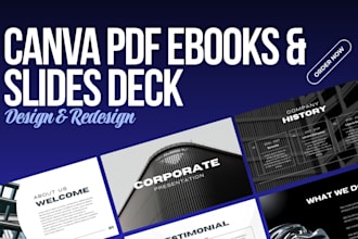 design canva PDF ebooks, canva redesign, workbooks, company presentation slides