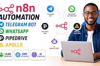build n8n automation, telegram bot, whatsapp workflow pipedrive and apollo setup