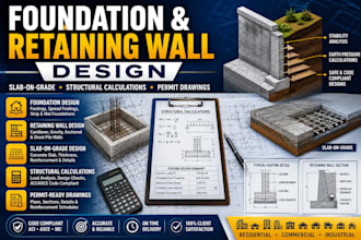 design retaining walls, structural permit drawings and rebar details