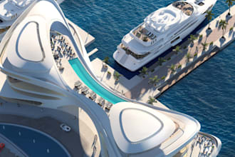 design 3d yacht club, marina clubhouse, waterfront facility