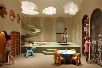 function daycare interior design,layout for balances safety area, learning zone