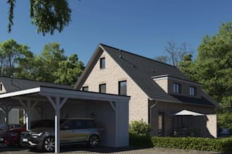 3d modern brick house exterior, outdoor deck design, standalone building render