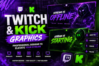 create twitch and kick graphics overlays banners logo and emotes