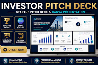 design investor pitch deck, startup pitch deck, and canva presentation