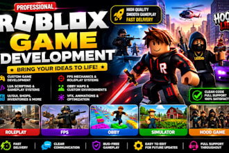 develop roleplay game,fps,obby roblox,simulator,roblox hood game,map,script,vfx
