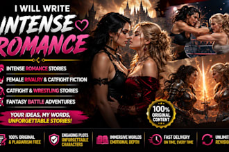 write intense romance, female rivalry catfight wrestling fantasy battle stories