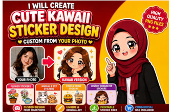 draw cute kawaii sticker set and custom illustration for you
