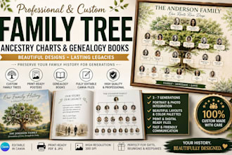 design family tree chart, ancestry poster and genealogy book in canva