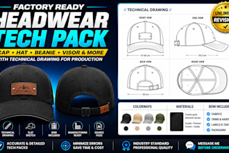 create factory ready headwear tech pack with technical drawing for production