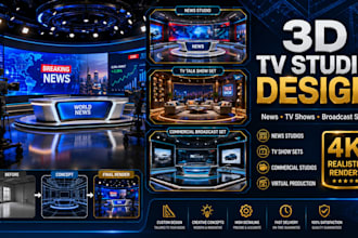 do 3d commercial, private news studio, tv programs set, tv shows studio design