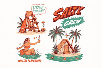 create vintage hand drawn beach logo and vector art