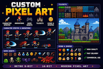 design pixel art sprites, tilesets, animations, and icons