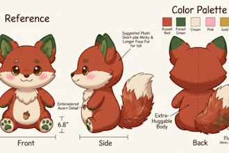 design custom plush reference sheet for stuffed animal oc character and plushie