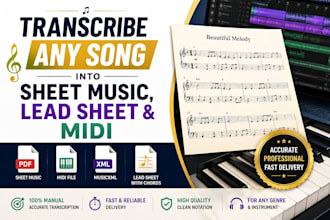 transcribe any song into sheet music, midi, musicxml and lead sheets